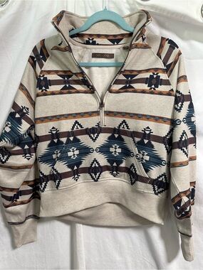 Shyanne Cream Aztec Half-Zip Pullover with Teal and Brown Accents